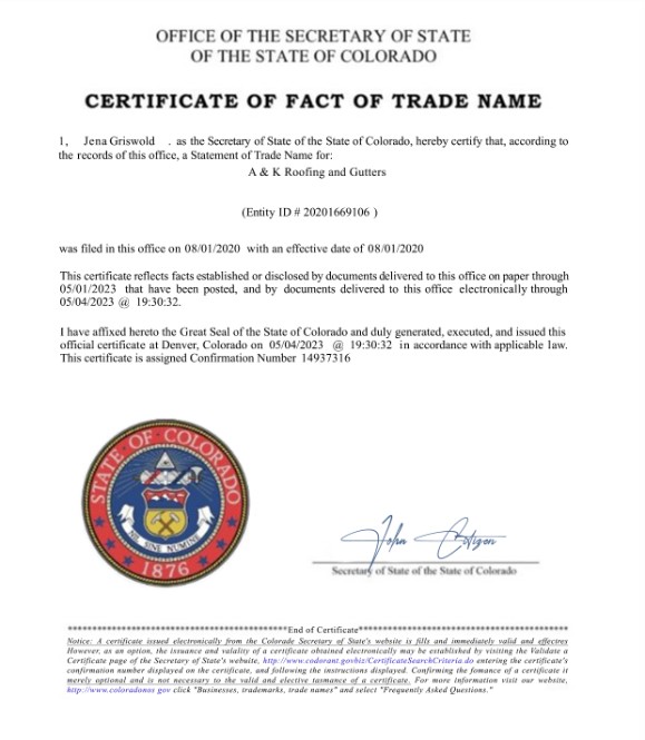 USA Colorado Certificate of fact of trade name